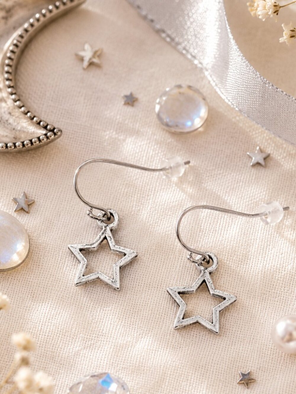 Silver Open Star Dangle Earrings Minimalist Celestial Everyday Jewelry